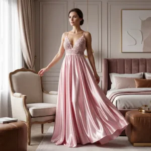 Romantic Blush Pink Satin Maxi Nightgown with Sheer Lace Bodice