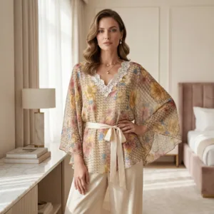 Elegant Vintage Floral Kimono Blouse and Champagne Satin Pants Loungewear Set