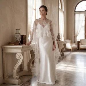 Bridal White Satin Maxi Nightgown & Floral Lace Capelet Set